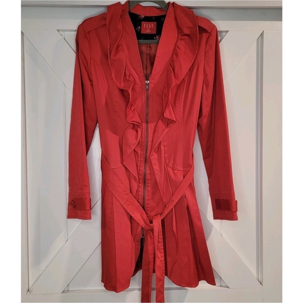 Elle Deep Coral Colored Ruffle Neck Trench Jacket